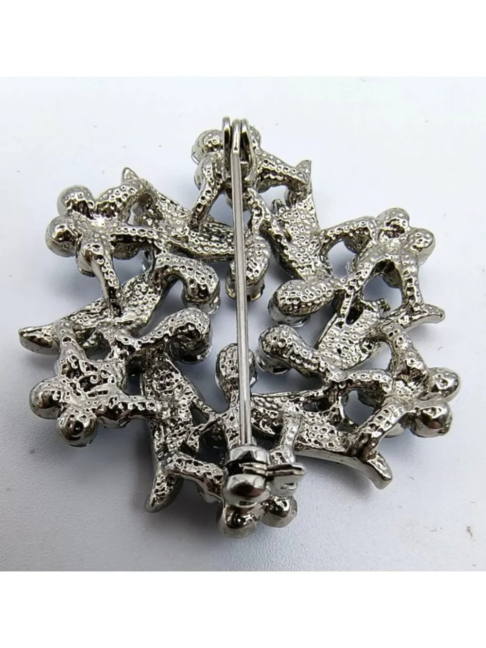 Vintage Silver-Tone Brooch Blue Rhinestone Floral Design